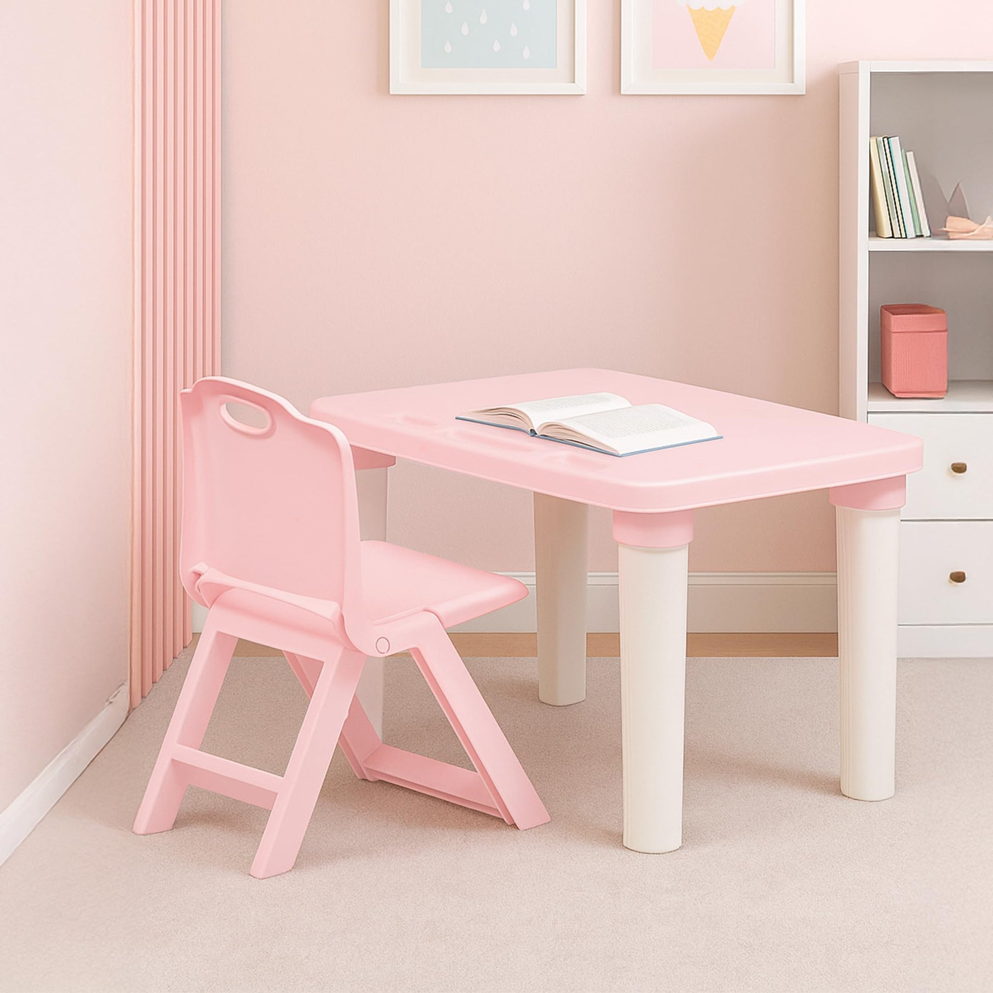 Happy Bear Table And Folding Chair Set For Kids Strong & Durable Plastic Made Rectangle Table With Box Space For Stationery 3 Le