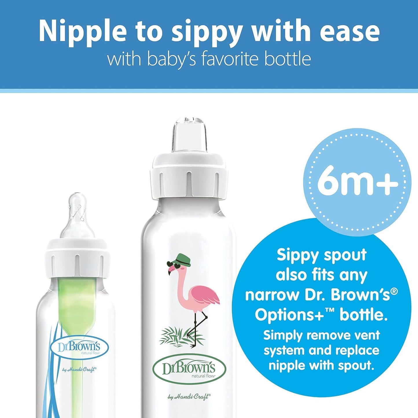 Dr. Brown'S Milestones Narrow Sippy Bottle, 100% Silicone Soft Sippy Spout, 8Oz/250Ml, Flamingo, 6M+