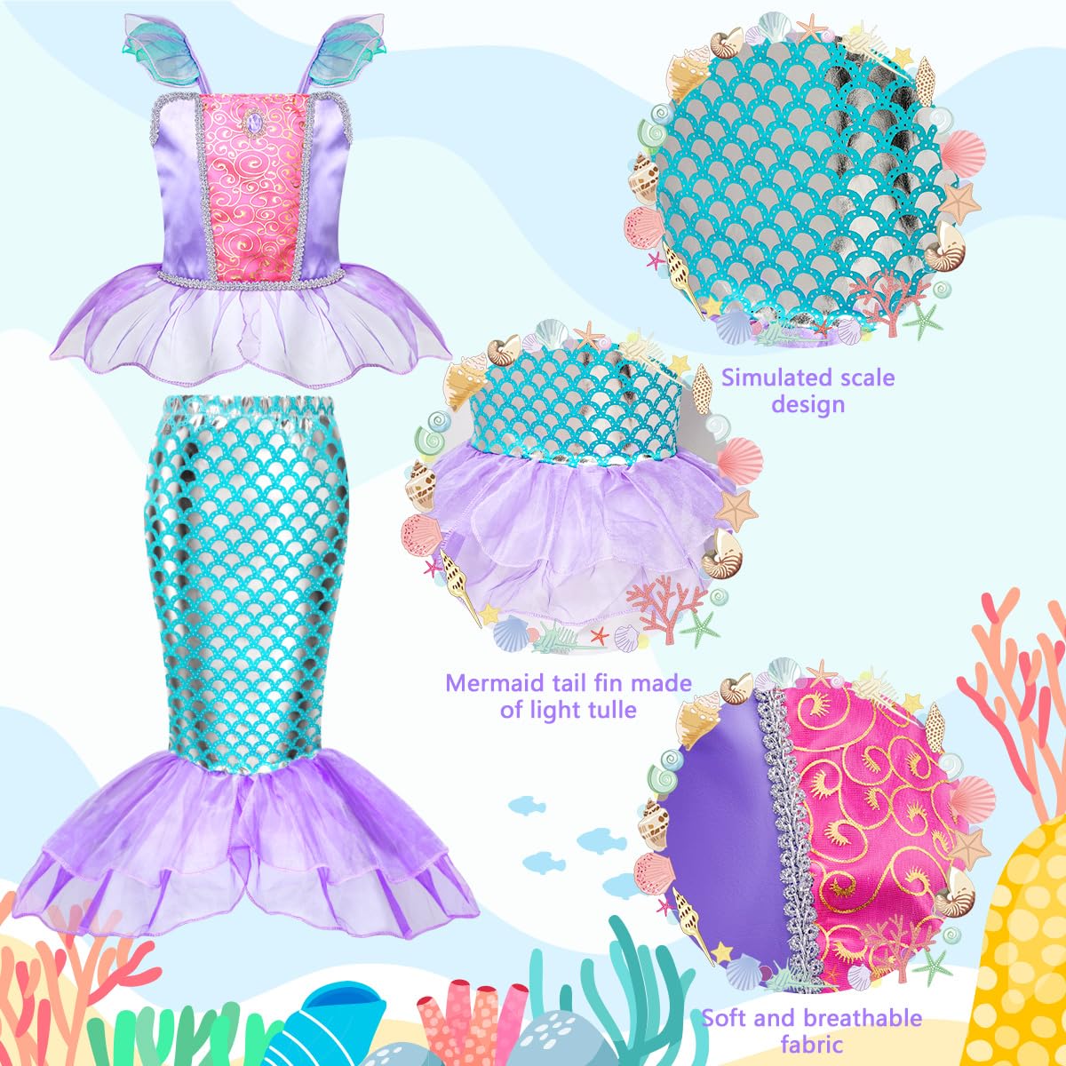 Meland Mermaid Dress For Girls - Little Mermaid Costume For Girls With Bag Princess Dresses For Girls 3-8 Birthday Gift