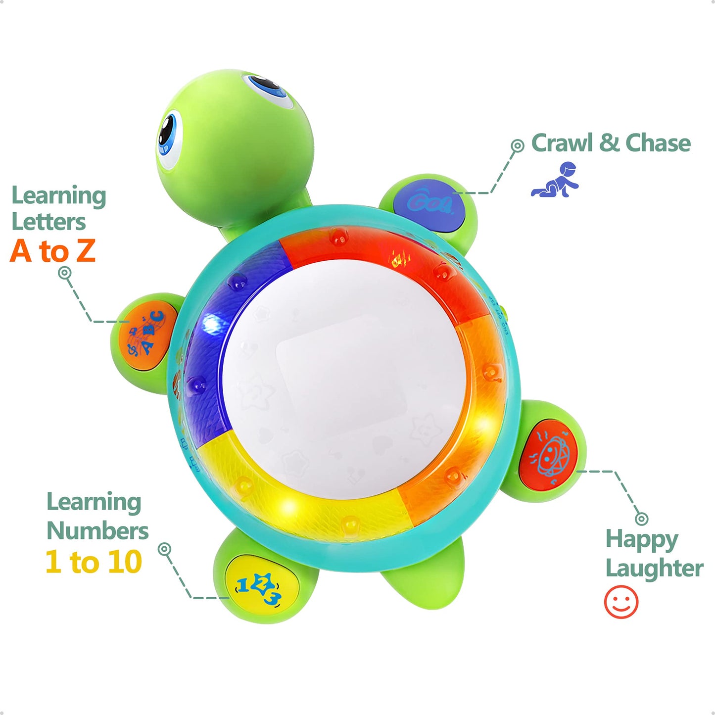 iPlay, iLearn Baby Musical Turtle Toy, Infant Crawling Toys Light Sound, Toddler Spanish English Bilingual Learning Educational,
