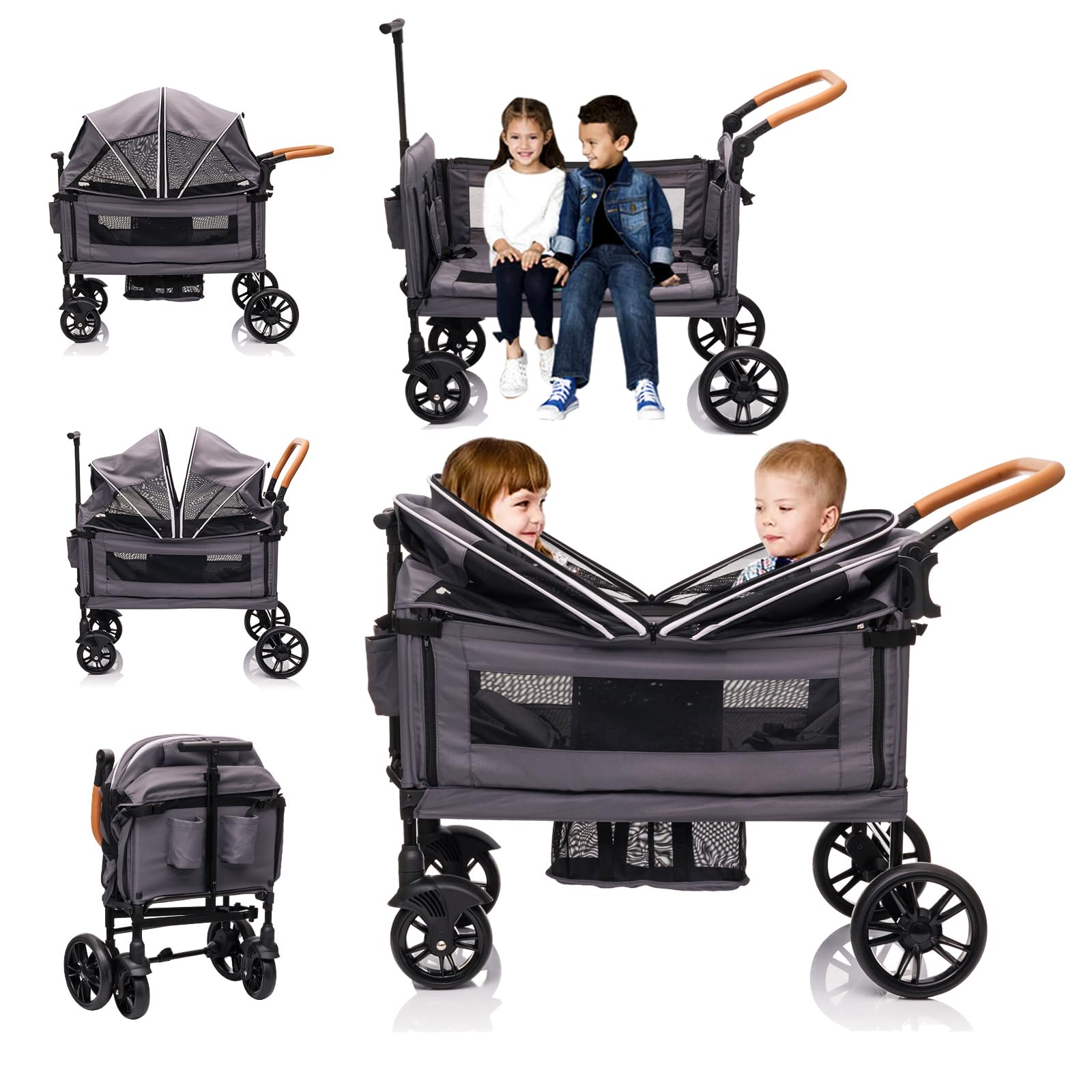 Wagon Stroller for 2 Kids & Cargo-Push-Pull Double Baby Wagon Lightweight Travel Folding Stroller for Toddler with 5-Point Harne