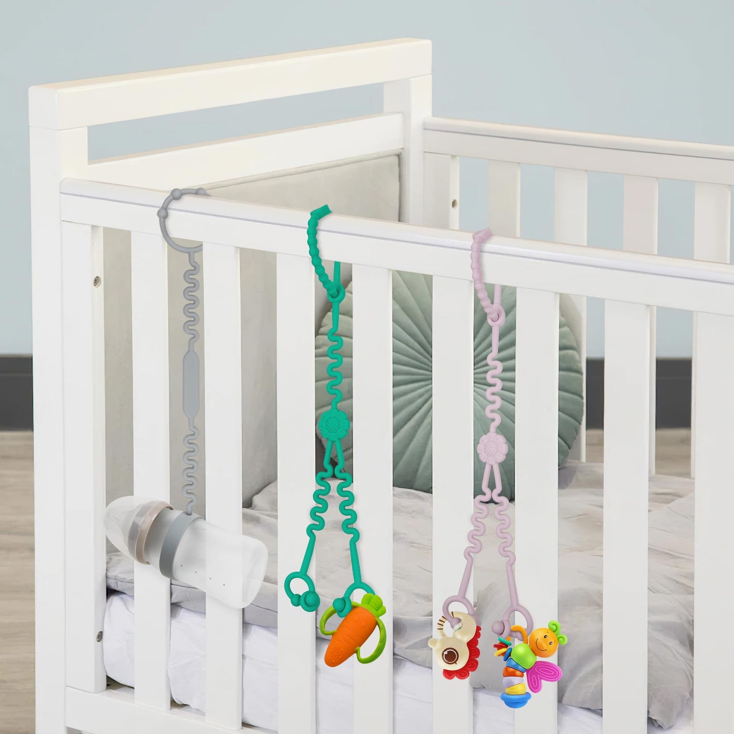 Baby Toy Straps - 1 Drag 2 Design For Toy Safety - 5 Food-Grade Silicone Straps For Strollers, High Chairs, Cribs & Car Seats -