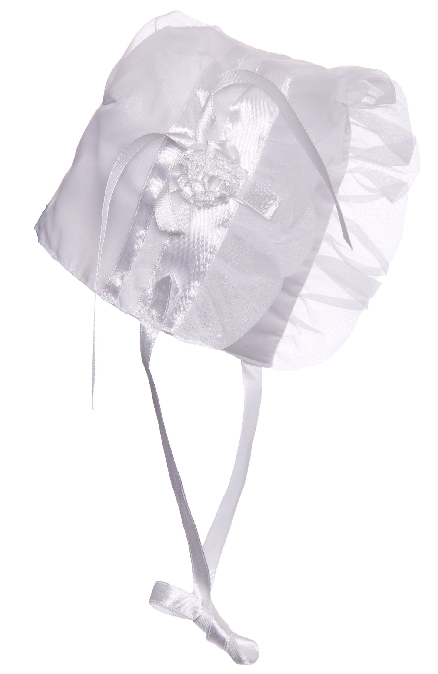Long White Embroidered Organza Christening Baptism Gown With Bonnet - M (6-9 Month)