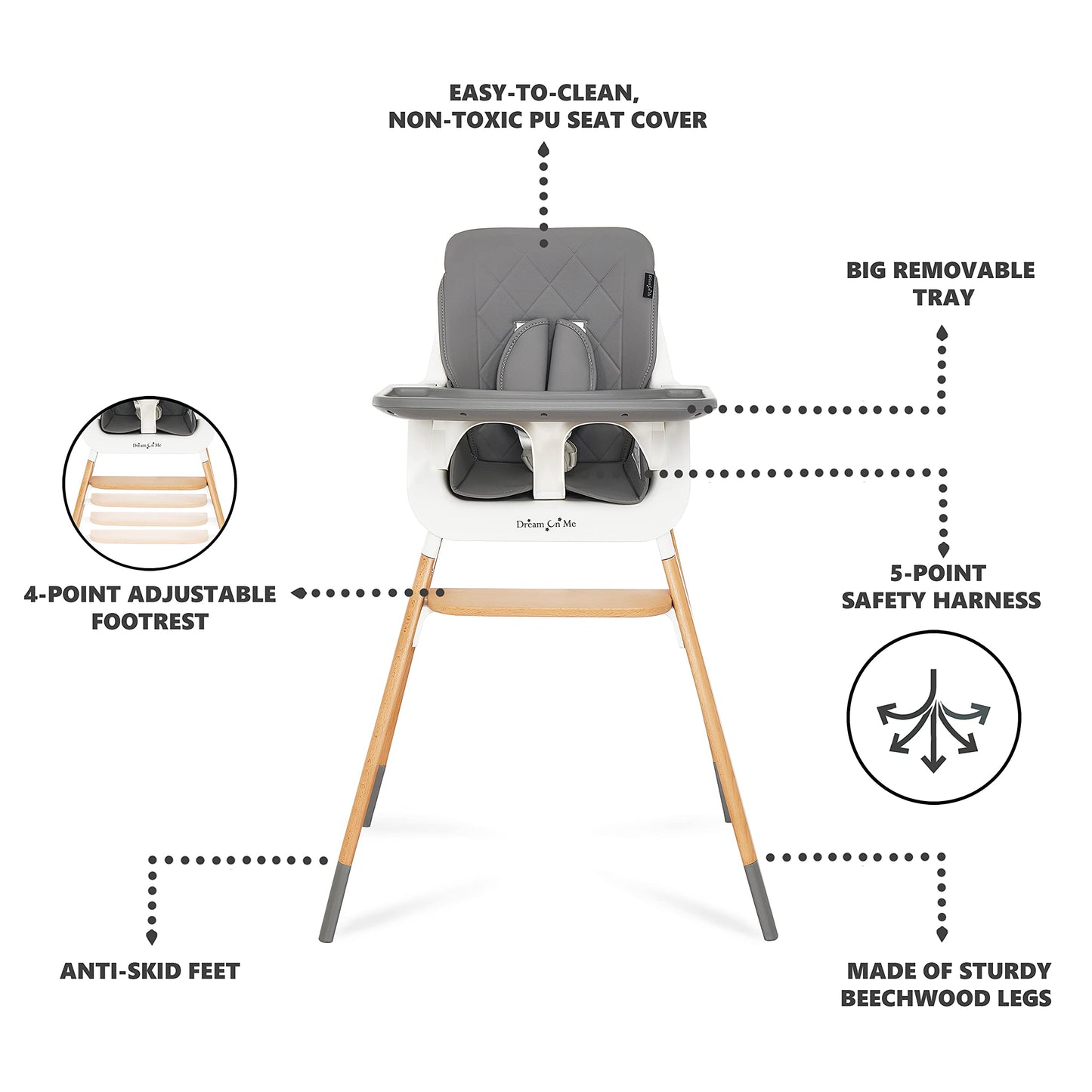 Dream On Me Nibble Wooden Compact High Chair In Light Grey | Light Weight | Portable |Removable Seat Cover I Adjustable Tray I B