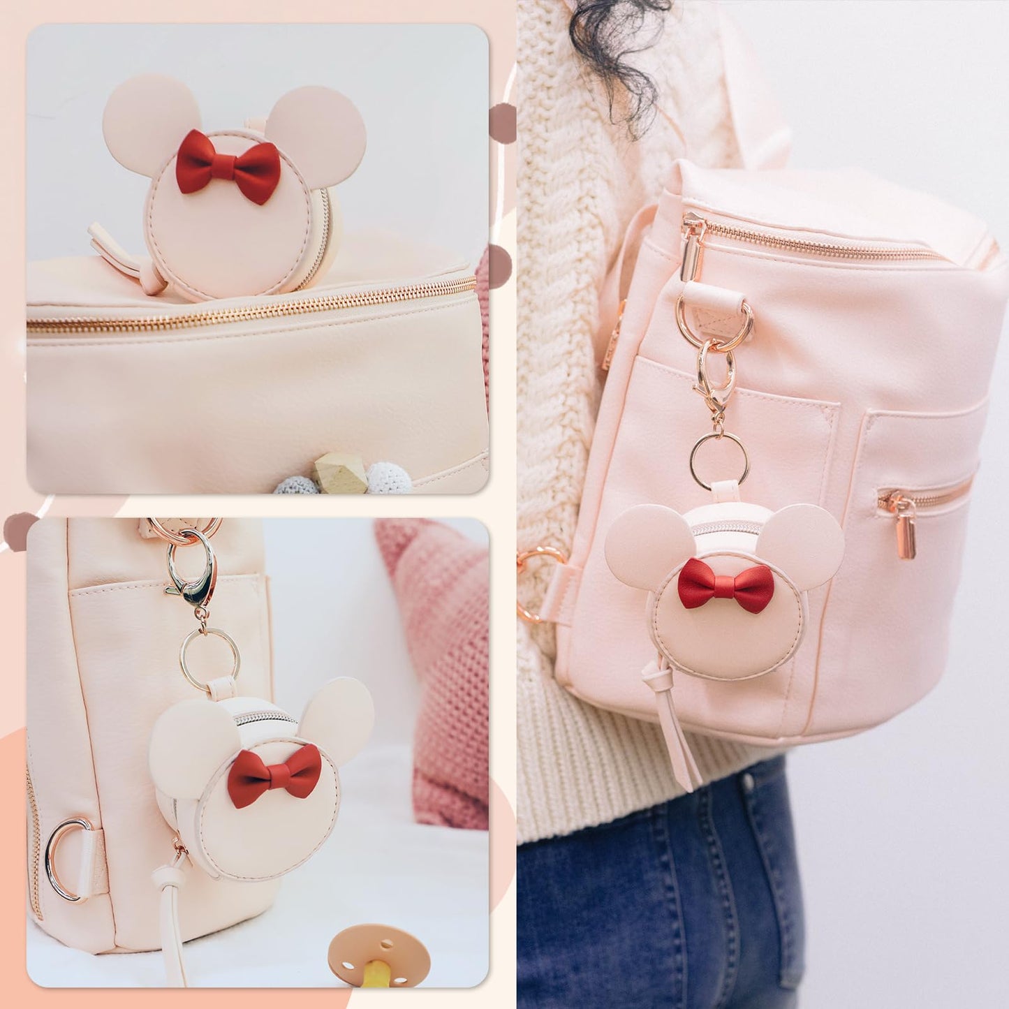 Miss Fong Pacifier Case With Clip, Holder Pouch Cover, Charm Pod With Clasp, Holds 2 Pacifiers Or Nipple Shields (Bow Pink)