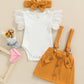 Infant Girls Summer 3Pcs Outfit Sets Ruffle Short Sleeve Ribbed Romper + Suspender Skirt + Headband (A-Yellow, 12-18 Months)