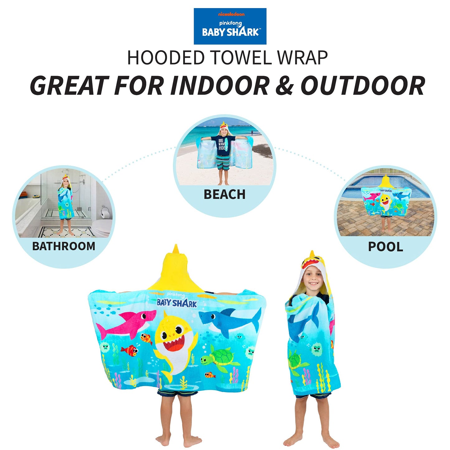 Franco Baby Shark Bath/Pool/Beach Soft Cotton Terry Hooded Towel Wrap, 24 In X 50 In, Kids