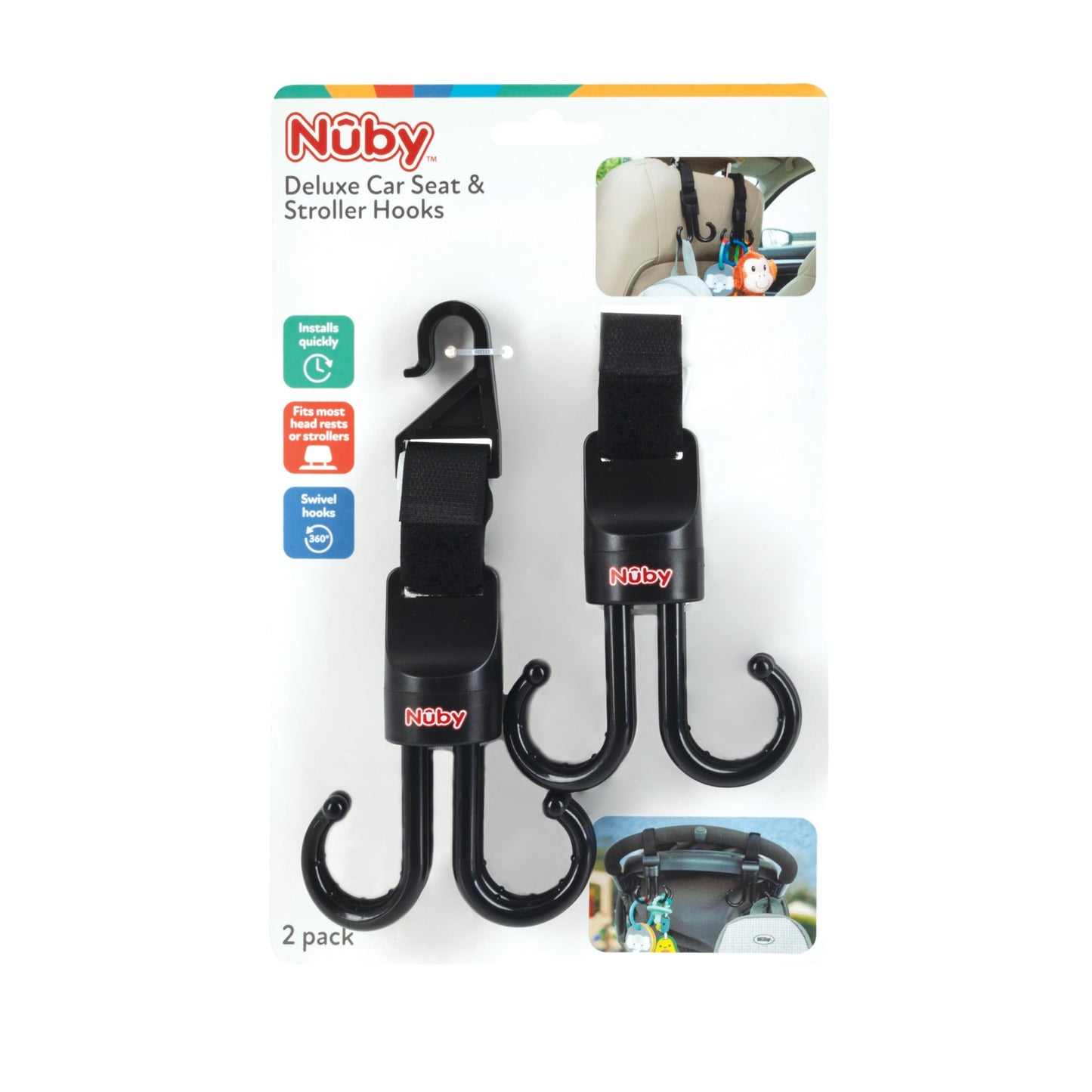Nuby 2-In-1 Deluxe Adjustable Baby Stroller & Car Seat Hooks For Hanging Bags, Toys- Hang Or Remove Items From Hooks With One Ha