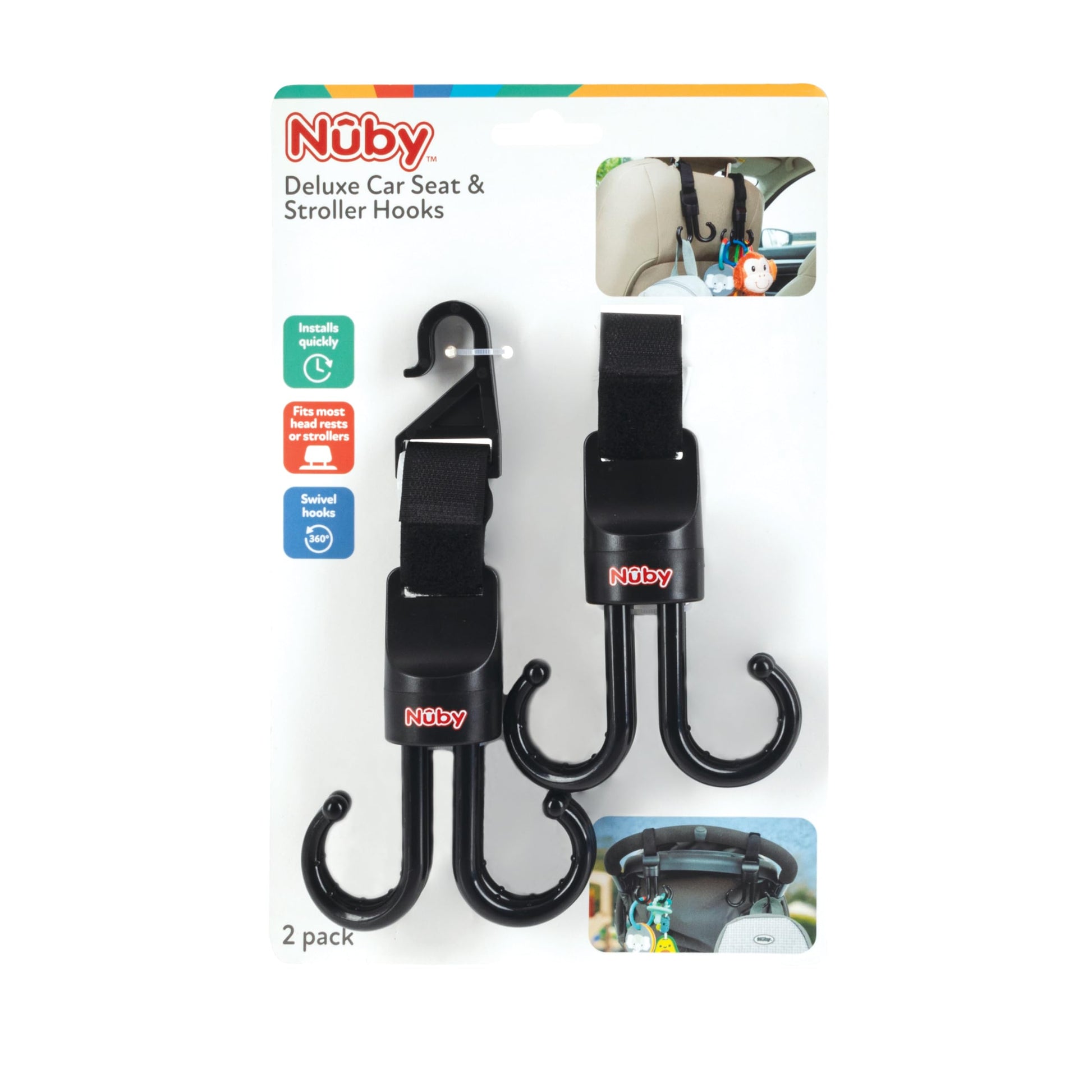 Nuby 2-In-1 Deluxe Adjustable Baby Stroller & Car Seat Hooks For Hanging Bags, Toys- Hang Or Remove Items From Hooks With One Ha