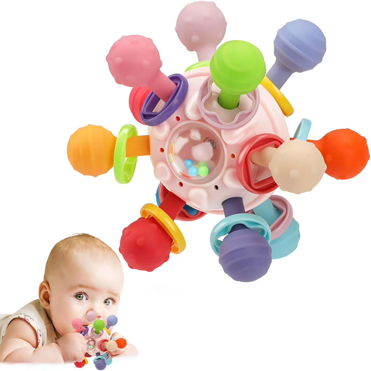 Tec Tavakkal Silicone Baby Teether Ball Toy, BpaFree Sensory Teething Toy For 3+ Months, Soft Chewable Textured Teether With Ra