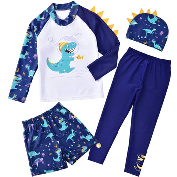 Wawsam Toddler Dinosaur Swimsuit Kids Bathing Suit Dinosaur Boys Rash Guard With Hat Quick Dry Long Sleeve Swimwear Infant Swim