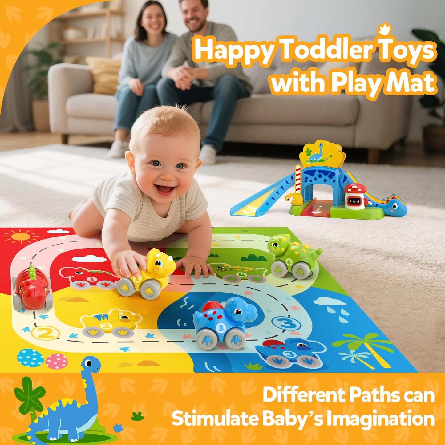 Toddler Toys for 1 Year Old Boy Gifts - Educational Dinosaur Slide Set with 4 Color/Number Push Cars and Playmat, Montessori Lea