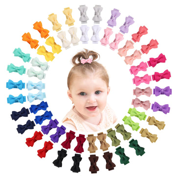Mini Fully Lined Grosgrain Ribbon Hair Bows Clips For Girls - 1.2' Tiny Bows For Fine Infant Hair, 60Pcs (30 Colors In Pairs)