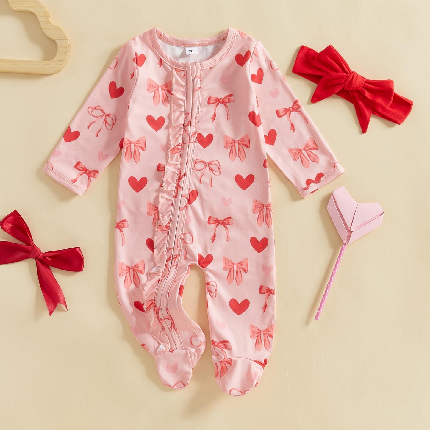 Ayalinggo Valentines Baby Girl Outfit Bowknot Heart Footie Romper Long Sleeve Onesie Newborn Christmas Clothes (Pink Heart, 12-1