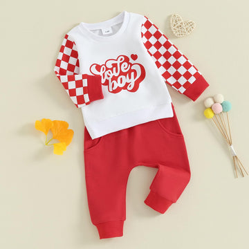 Beqeuewll Toddler Baby Boy Valentine'S Day Outfit Checkboard Plaid Love Sweatshirts Newborn Jogger Pants 2Pcs Boys Clothes Set (