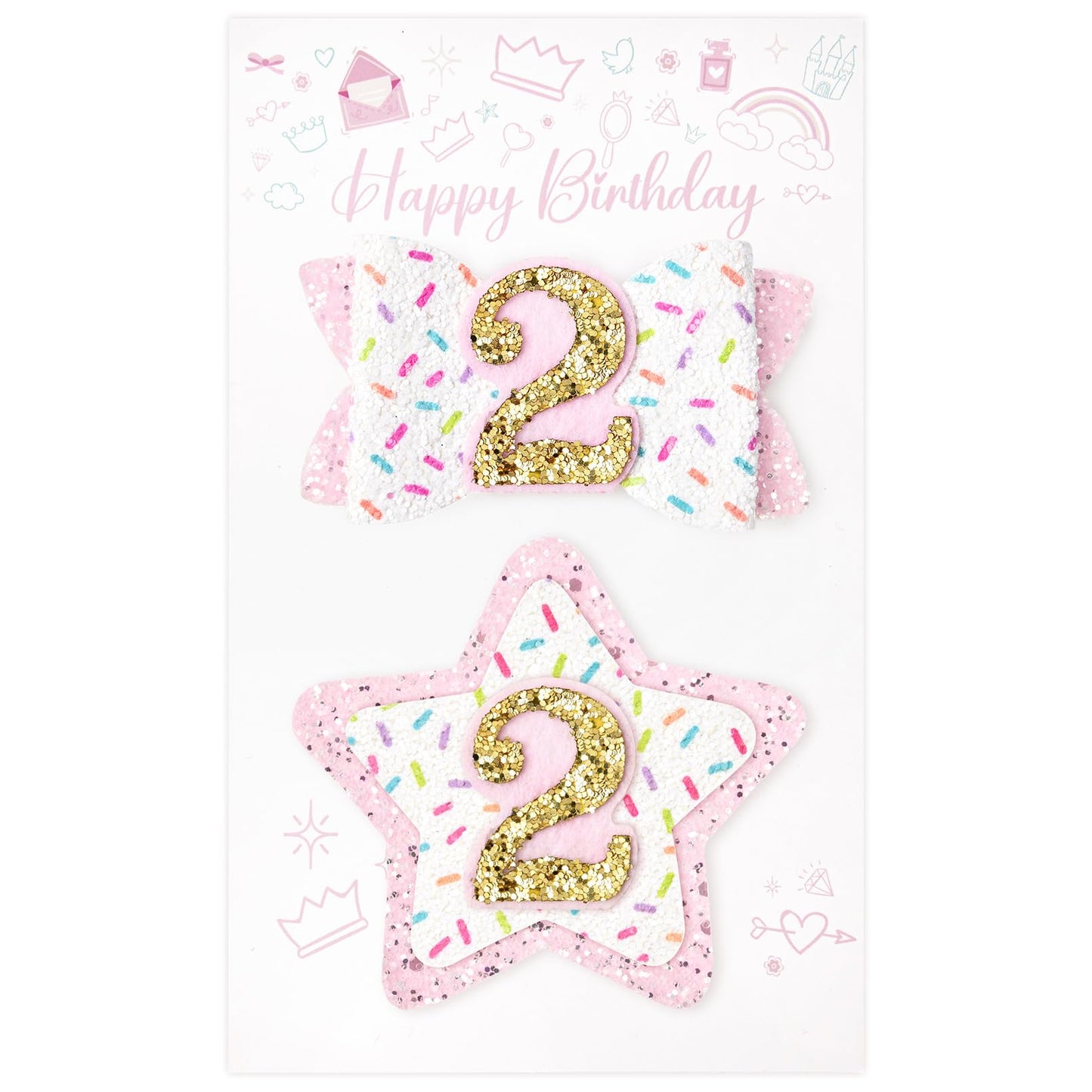 Deeka 2Nd Birthday Hair Bow And Badge Set For Girl - Glitter Pink And White Hair Clips For 2 Year Girl Party Decoration - Toddle