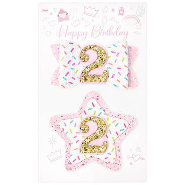 Deeka 2Nd Birthday Hair Bow And Badge Set For Girl - Glitter Pink And White Hair Clips For 2 Year Girl Party Decoration - Toddle