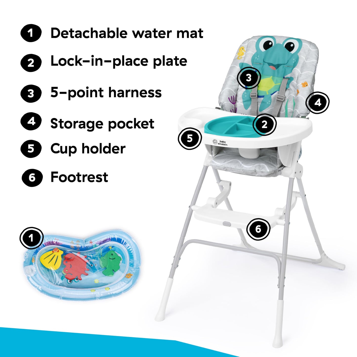 Baby Einstein Ocean Explorers Snack & Splash Compact Folding High Chair, With Water Mat, 5 Point Safety Harness, Ages 6 Months A