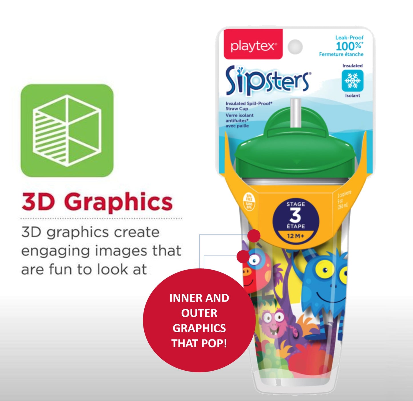 Playtex Baby Sipsters Stage 3 Straw Cups, Spill-Proof, Leak-Proof, Insulated - Sea Creatures, Monsters And Zoo Animal, 9 Oz, 3 C