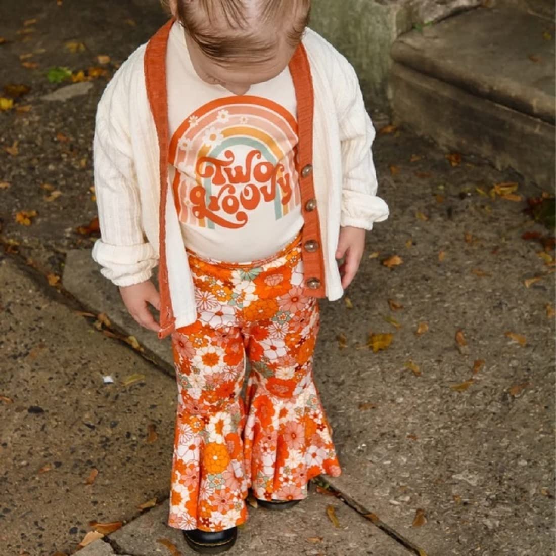 Lamuusaa Toddler Baby Girl Birthday Outfit Groovy One/Two Groovy Romper Shirts Flower Bell Bottoms Headband Boho Clothes