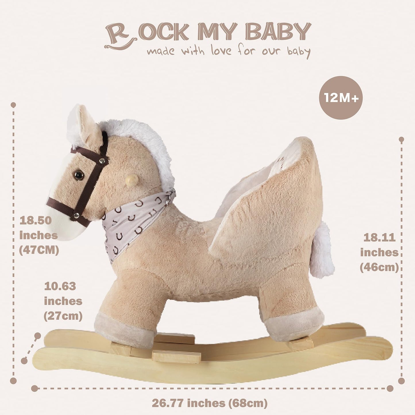 Rock My Baby Rocking Horse, Baby Animal Rocking Horse with Seat, Ride on Horse, Plush Rocking Horse with Realistic Sound, Wooden