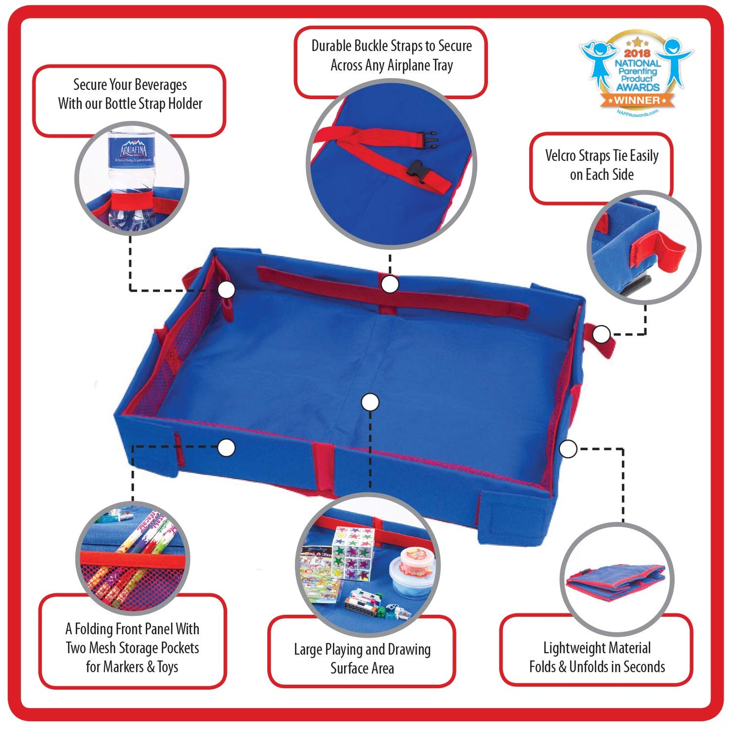Fun N Fly Foldable Travel Tray - Blue Red Portable Durable Kids, Toddler, Baby Play Space And Snack Desk For Airplane Travel By