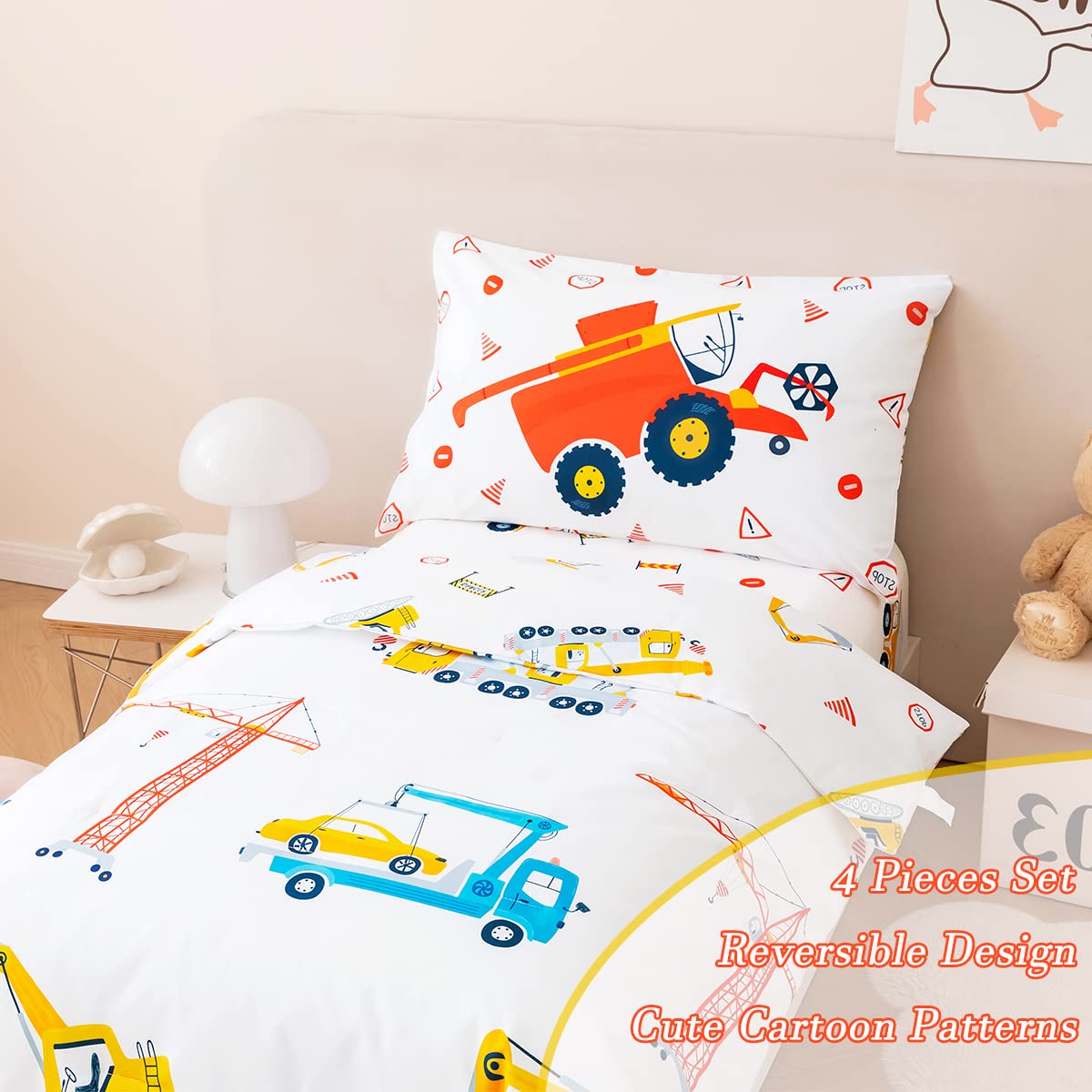 Perfemet 4 Pieces Construction Toddler Bedding Set Excavator Truck Boy Toddler Bed In A Bag Colorful Reversible Cartoon Tractors