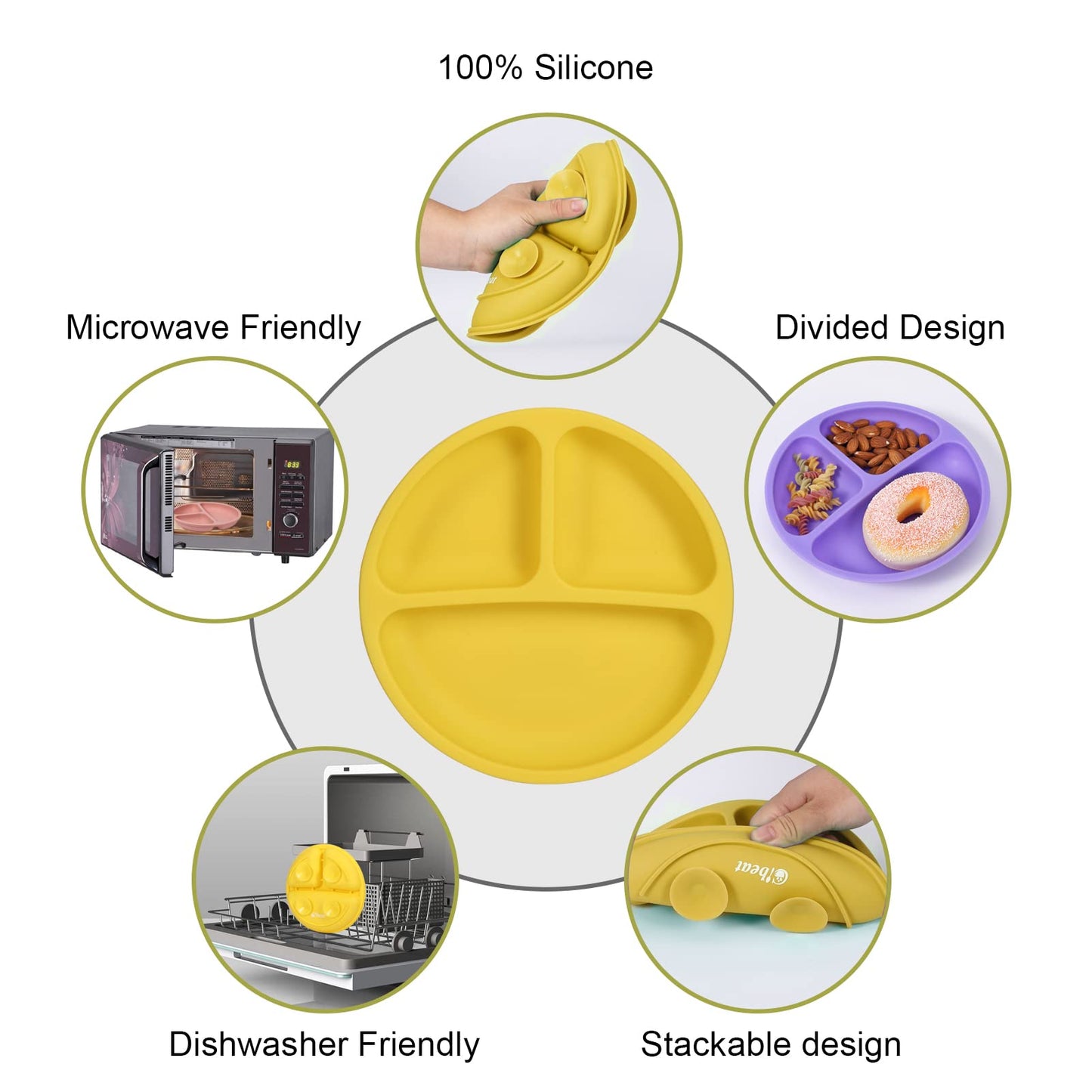Cibeat Toddler Plates 3 Pack, 100% Silicone Suction Plates For Babies And Toddlers, Microwave And Dishwasher Safe, Bpa Free, Div