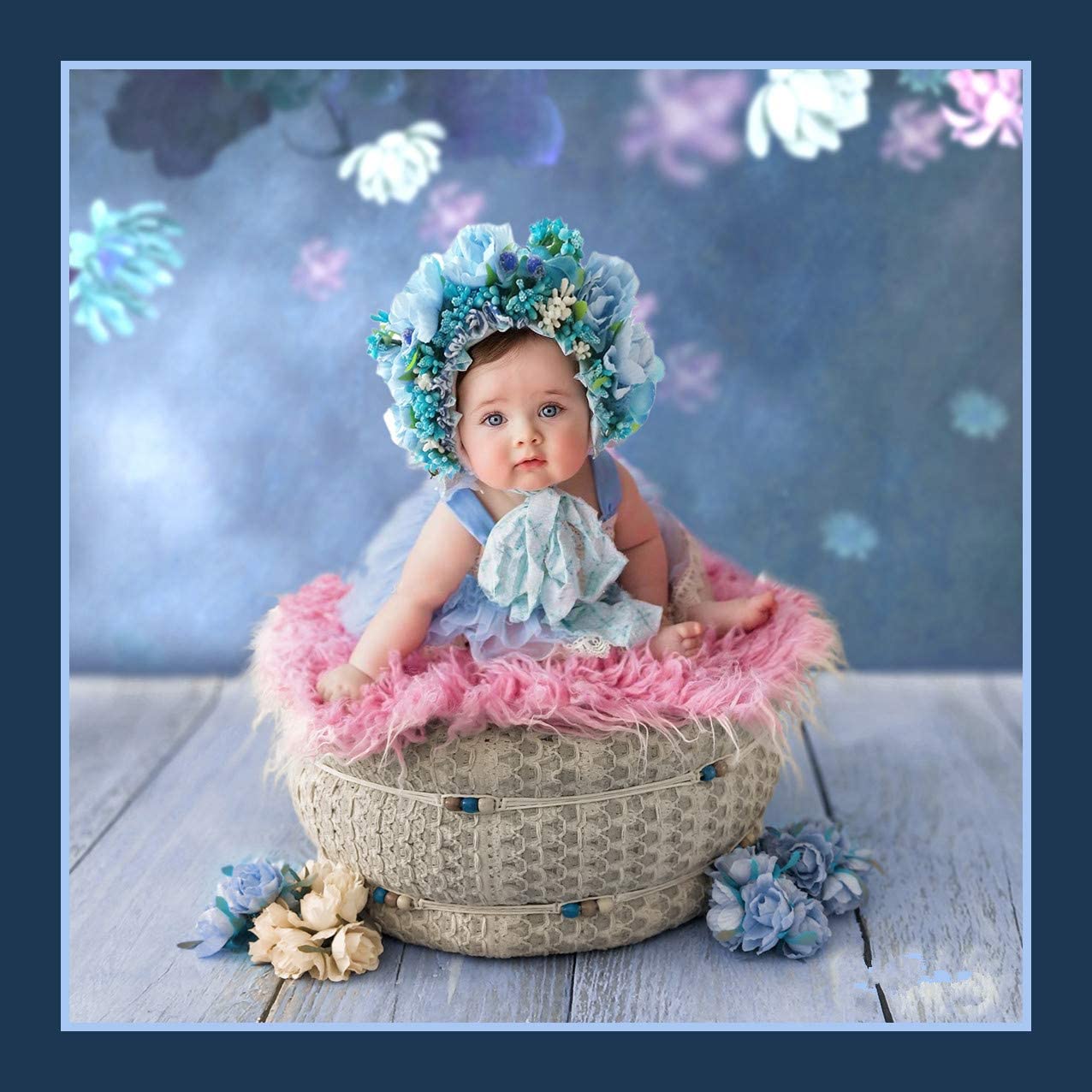 Vemonllas Newborn Photography Props Boys Girls Floral Sitter Hat Baby Photo Props Flowers Bonnet (Blue)