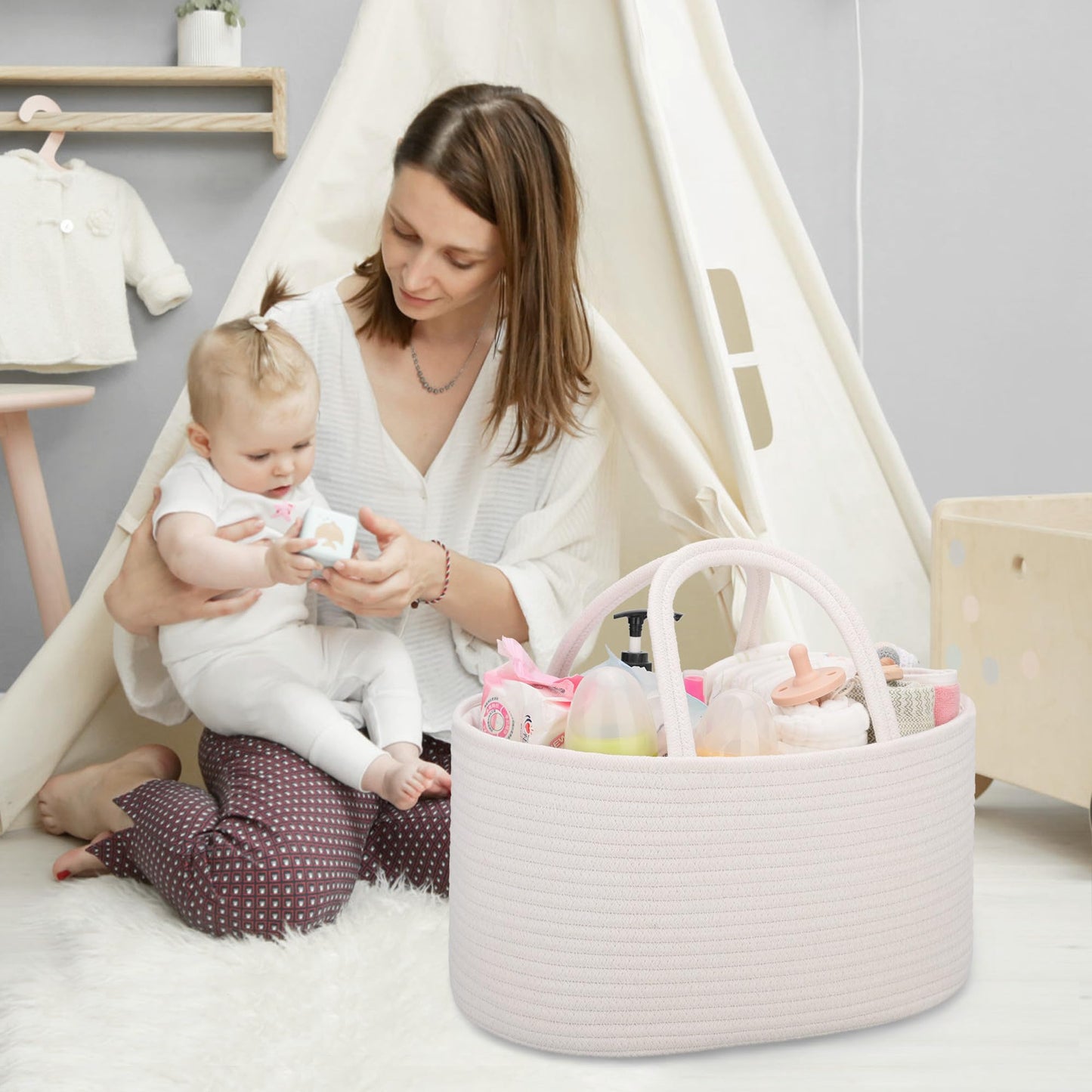 Comse Large Diaper Caddy Organizer For Girl Boy, Gift Basket, Car Diaper Caddy With Handles, Cotton Rope Diaper Basket, Baby Sho