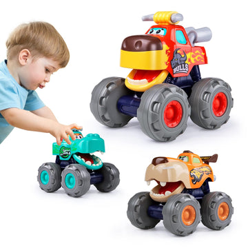 Toy Cars For 1 2 3 Year Old 3 Pack Monster truck Toy Push & Go Crocodile Friction Powered Bull Pull Back Leopard Car Big Wheel A
