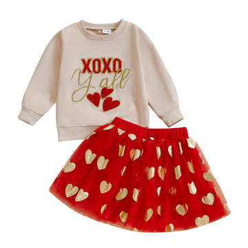 Toddler Baby Girl Valentines Day Outfit Red Love Heart Bow Sweatshirt And Tulle Tutu Skirts Set Cute Spring Clothes (Apricot Xox