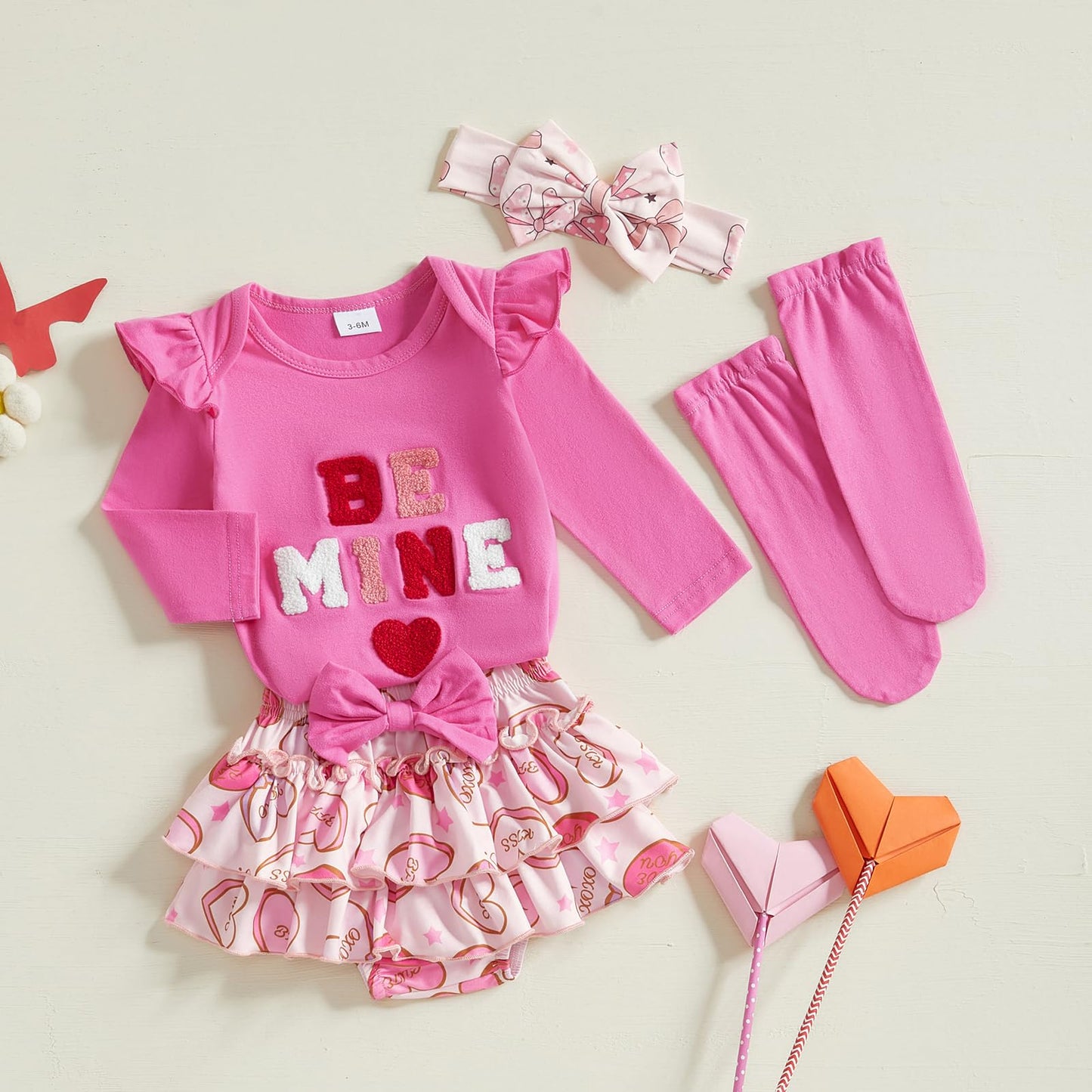 Fybitbo First Valentines Day Baby Girl Outfit Heart Letter Romper Ruffle Tutu Skirt Dress Newborn Infant Girl Clothes Set (Hot P