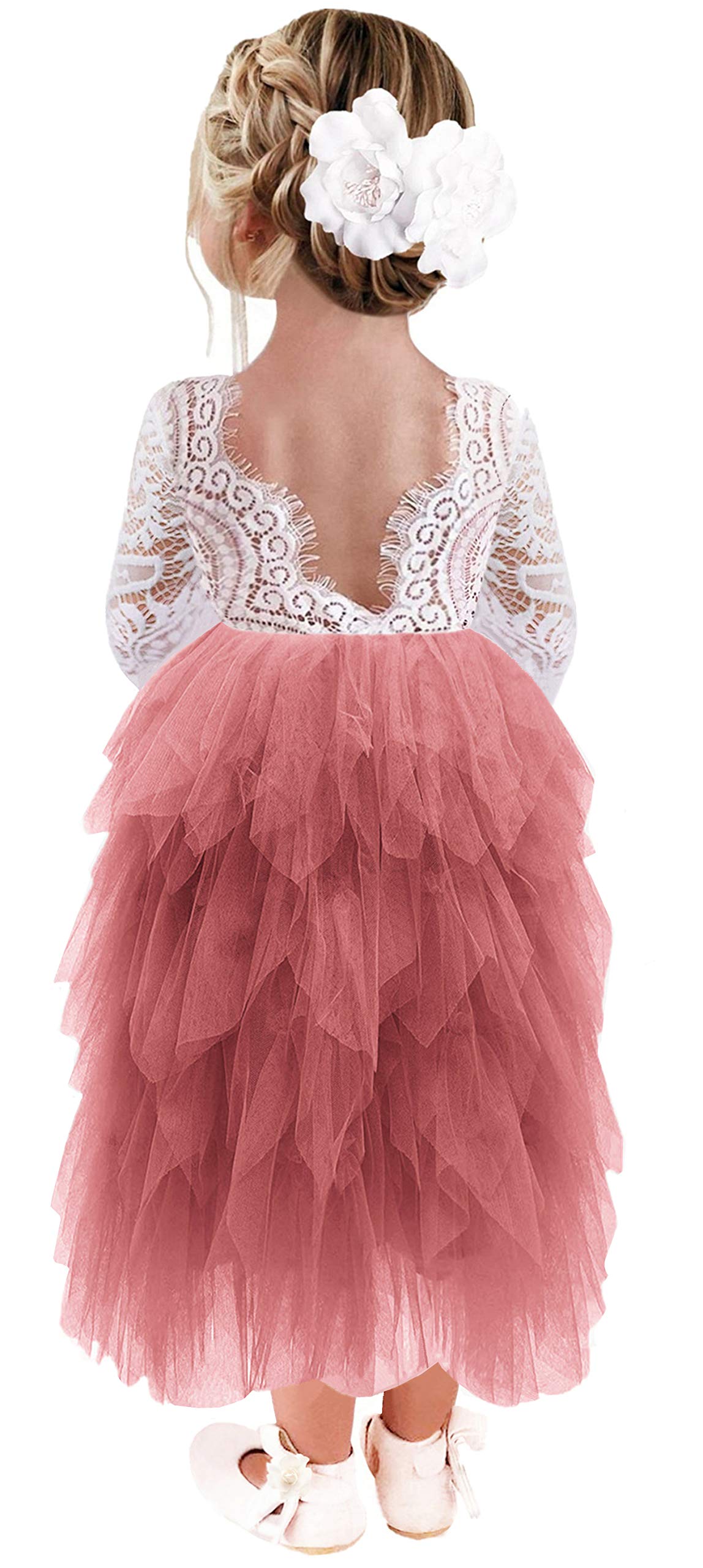 2Bunnies Girl Peony Lace Back A-Line Tiered Tutu Tulle Flower Girl Dress (Dusty Rose Sleeve Maxi, 4T)