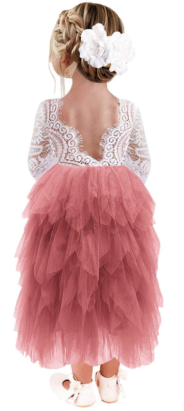 2Bunnies Girl Peony Lace Back A-Line Tiered Tutu Tulle Flower Girl Dress (Dusty Rose Sleeve Maxi, 4T)
