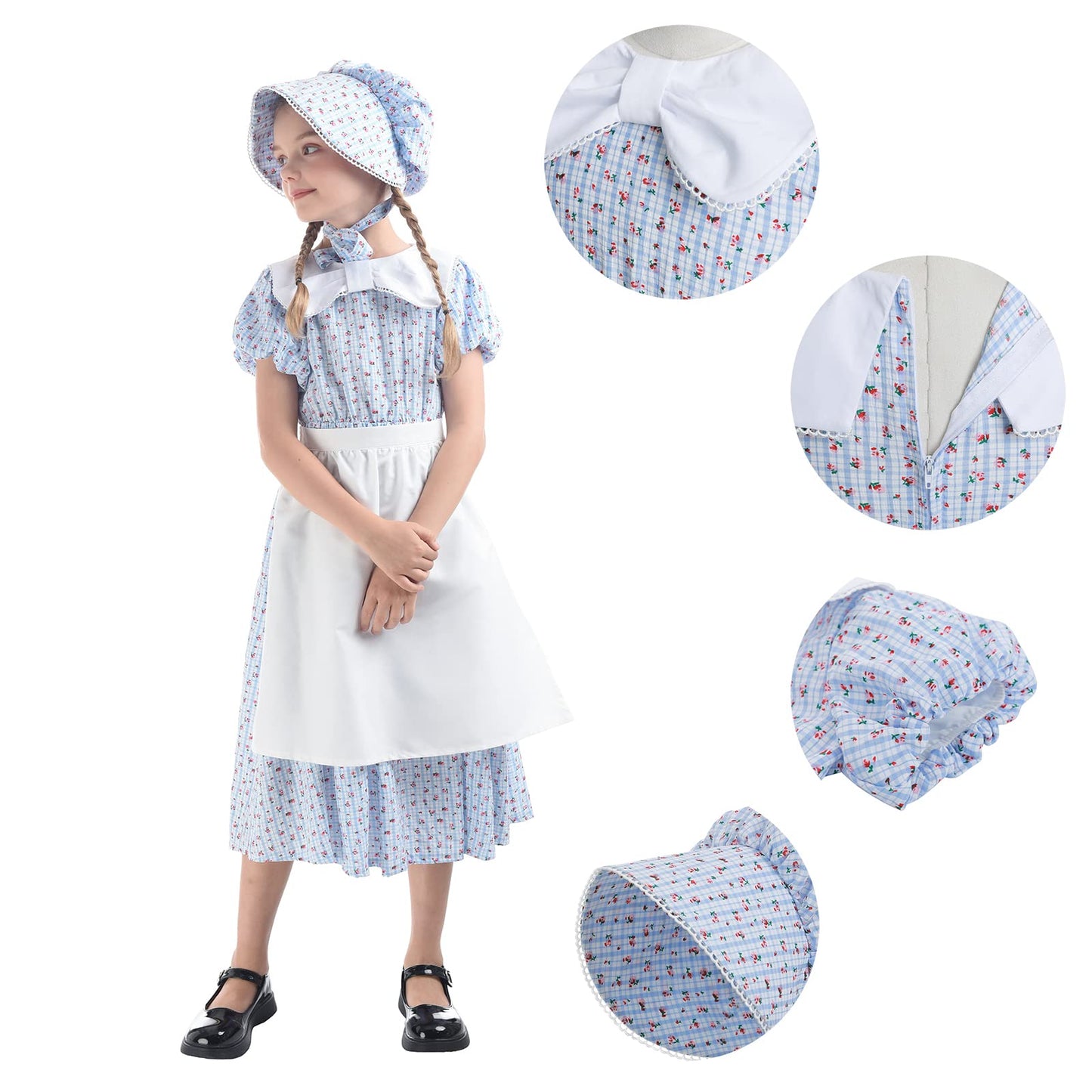 Ltakk Prairie Dresses Girls Pioneer Colonial Costume Girl Pilgrim Dress With Apron And Bonnet, Blue Plaid Floral, Large, Age Ove