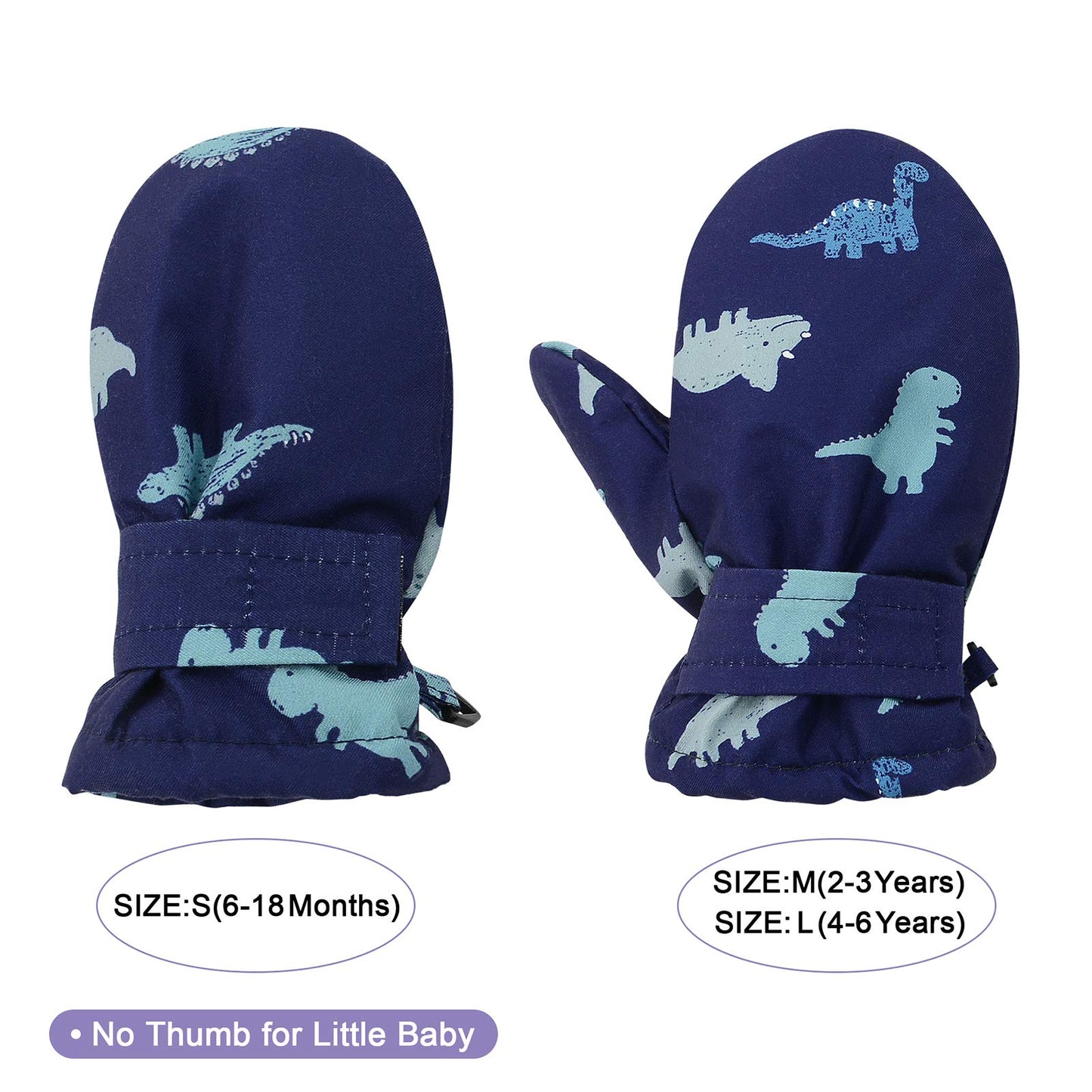 Lined Fleece Toddler Mittens Kids Winter Warm Gloves Child Ski Gloves Waterproof Snow Baby Mitten For Boys Girls Blue Dinosaur M