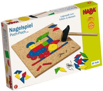 HABA Geo Shape Tack Zap Play Set - Make Geometric Designs with Corkboard, Hammer, Templates and 50 Wooden Tiles (Made in Germany