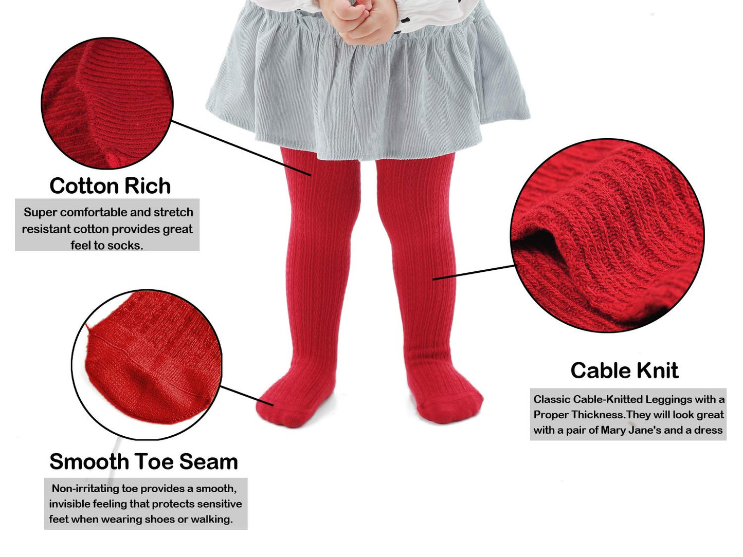 Epeius Baby Girls Seamless Cable Knit Solid Cotton Tights Newborn Girls Footed Leggings For 0-3 Months,Red/Pink/Purple (Pack Of