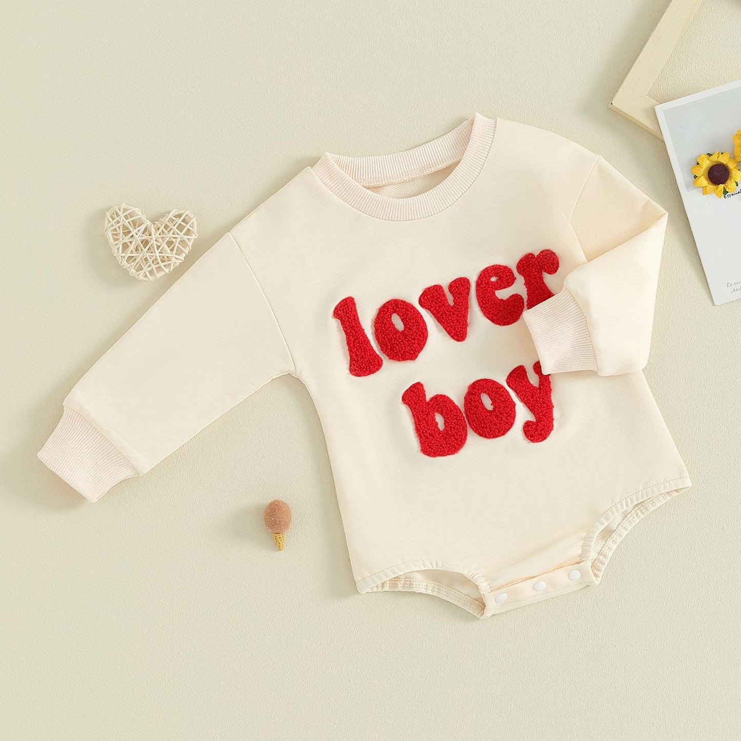 Yingisfitm Baby Boy Valentines Day Outfit Sweatshirt Romper Long Sleeve Bubble Onesie Newborn Winter Clothes Lover Boy (Beige-Lo