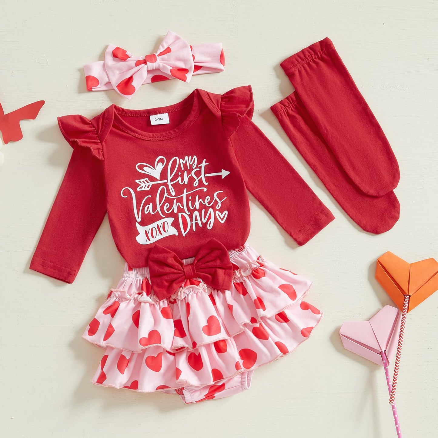 Fybitbo First Valentines Day Baby Girl Outfit Heart Letter Romper Ruffle Tutu Skirt Dress Newborn Infant Girl Clothes Set (Red-M