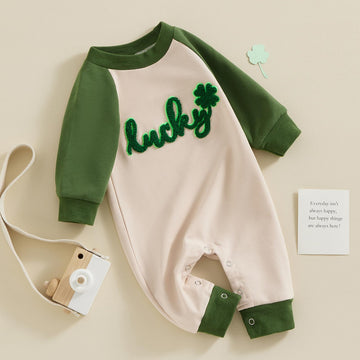 Fybitbo St Patricks Day Baby Boy Girl Outfits Lucky Shamrock Embroidery Jumpsuit Romper Pattys Day Newborn Onesie Clothes (Green
