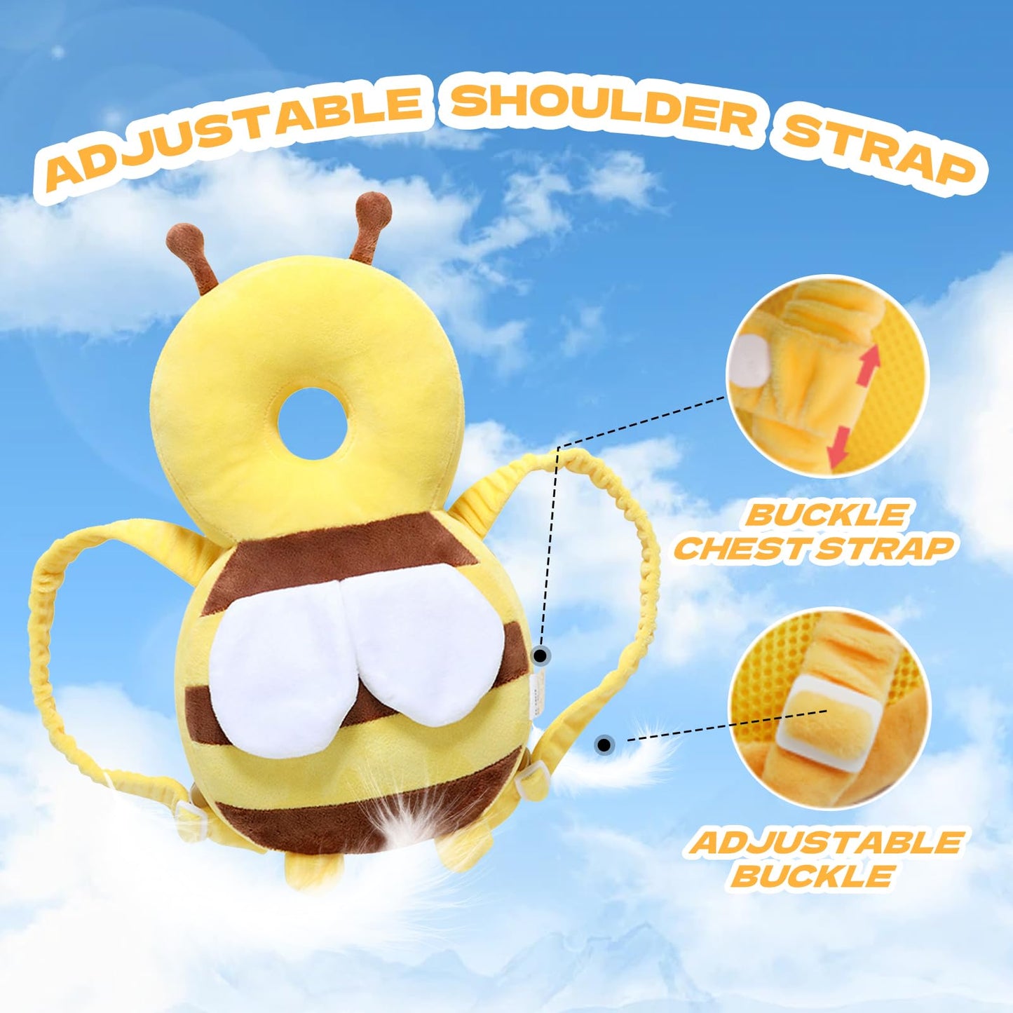 Grnstf Baby Toddler Head Protector, Baby Head Protection Backpack, Adjustable(Bee)