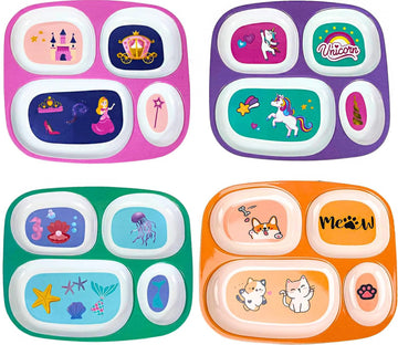 4E'S Novelty 4 Melamine Dinner Plate For Kids Girls, Plastic Mealtime Divided Plates, Dinnerware Dishes Set For Toddlers Picky E
