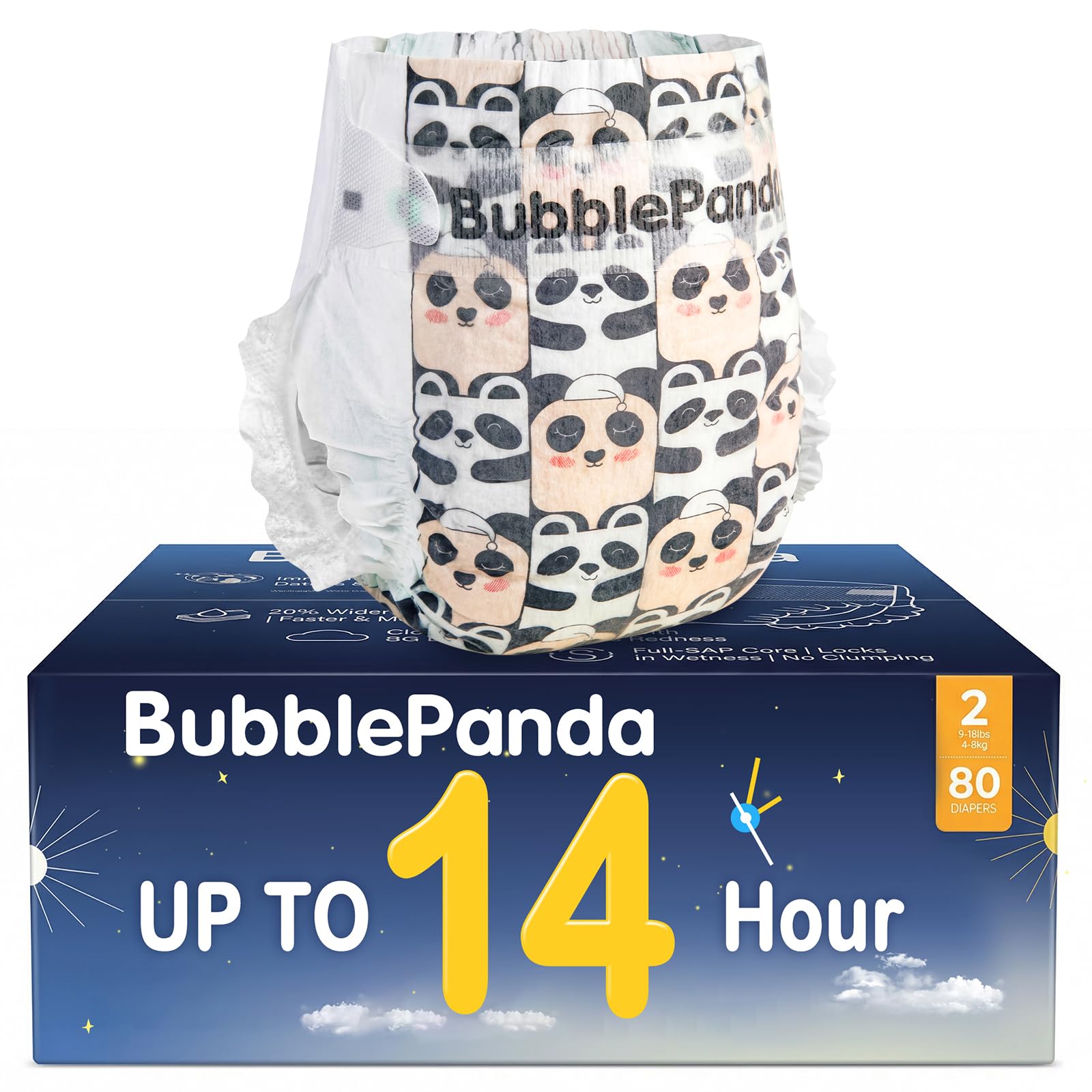 BubblePanda Overnight Diapers, Baby Diapers Nighttime Protection with Dual Absorbent Core, Wider Absorbent Zone, Leak Proof & So