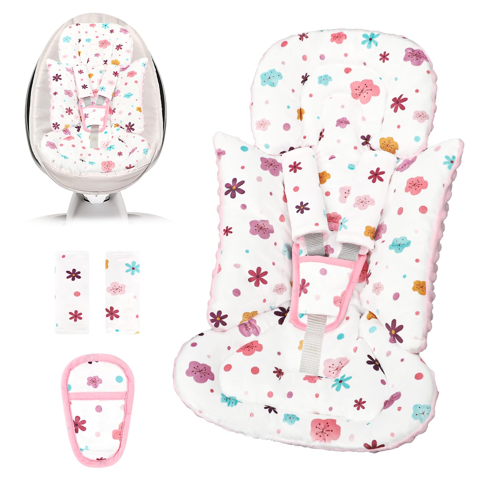 Infant Car Seat Insert with 3 Strap Covers, 3 in 1 Reversible Floral Baby Car Seat Head Support for Newborn, Baby Girl Newborn E