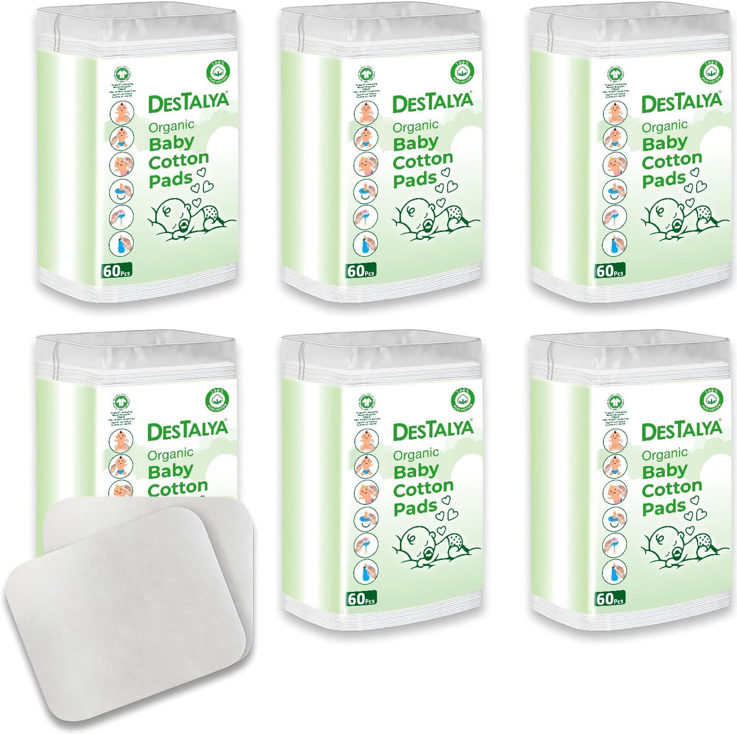 Destalya Baby Cotton Pads For Diaper Change | Large Cotton Squares For Sensitive Skin | Disposable Cleansing Wipes | Soft Washcl