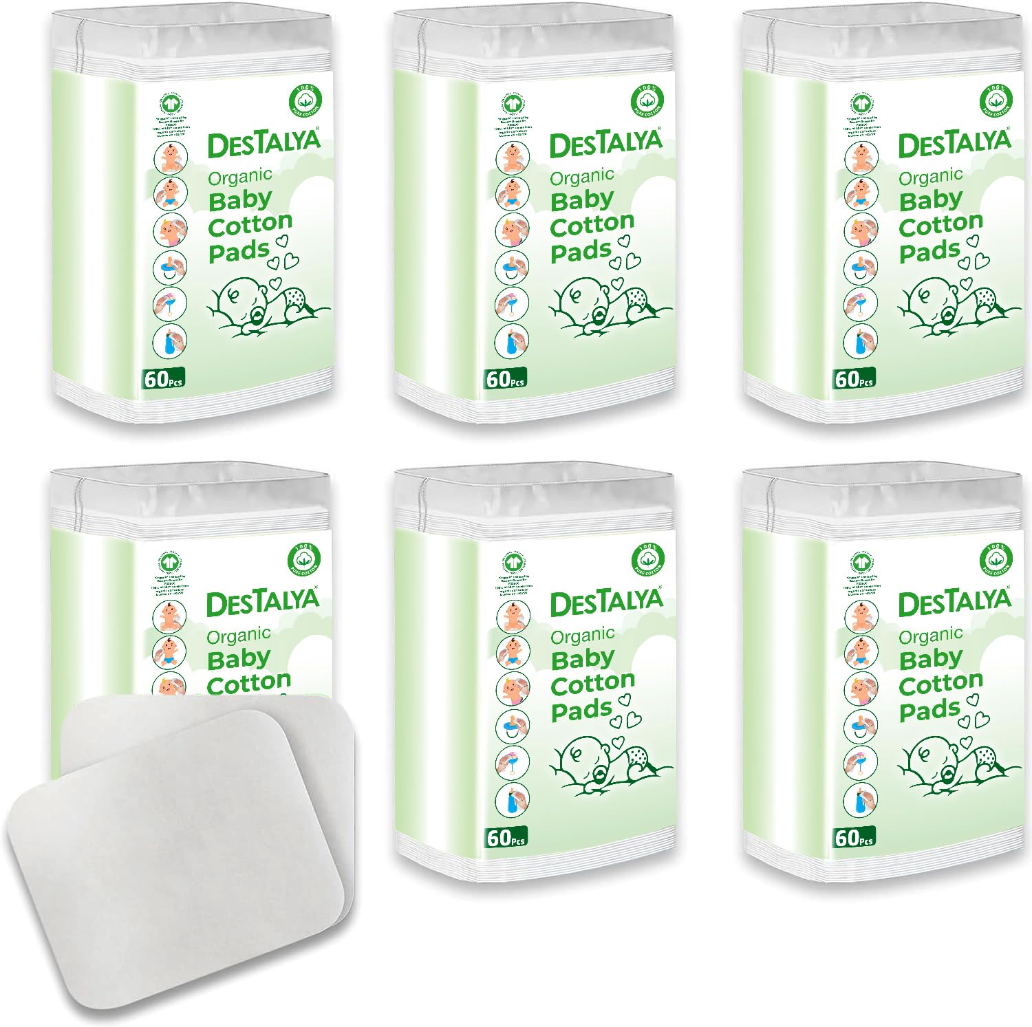 Destalya Baby Cotton Pads For Diaper Change | Large Cotton Squares For Sensitive Skin | Disposable Cleansing Wipes | Soft Washcl