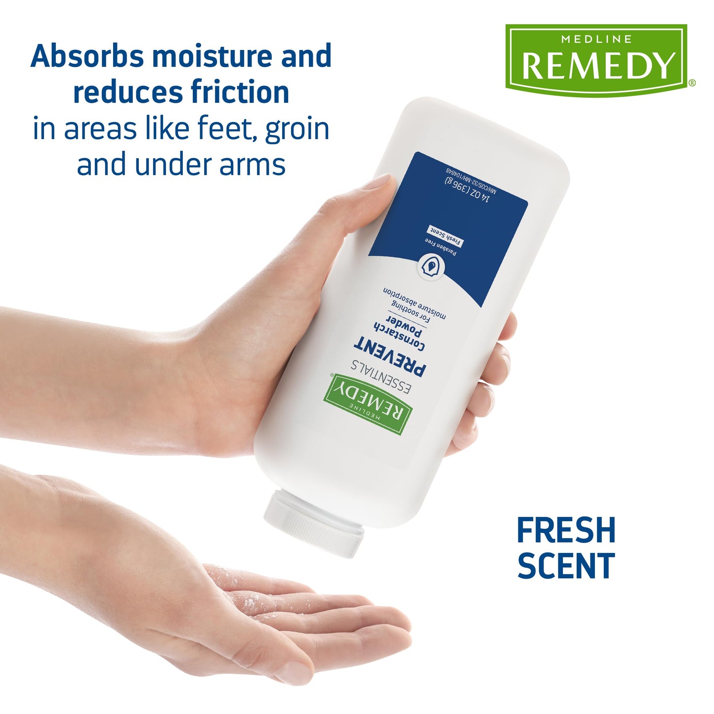 Medline Remedy Essentials Cornstarch Powder (14 Oz Bottle), 12 Count, Fresh Scent, Talc Free, Shaker Top, Skin Care, Absorbs Swe