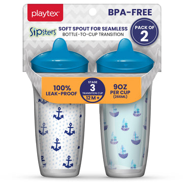 Playtex Baby Sipsters Stage 3 Spill-Proof, Leak-Proof, Break-Proof Spout Cup For Boys - Blue, Limited Edition, 9 Oz, 2 Count